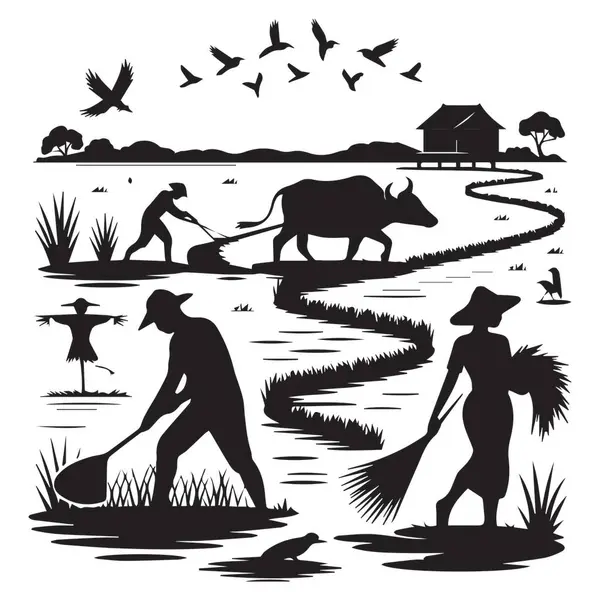 Çiftçiler bir bufalo, korkuluk ve geleneksel evle pirinç tarlasında çalışıyorlar. Kuşlar tepemizde uçar ve su gökyüzünü yansıtır. Huzurlu bir manzara yaratır..