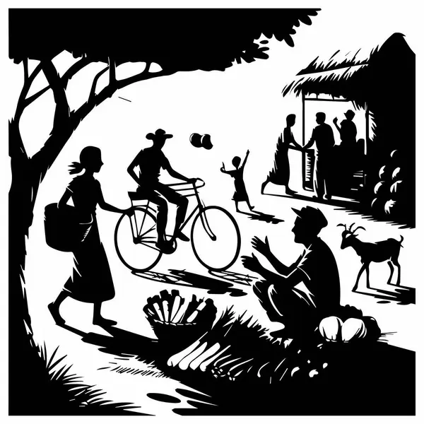 Bu siluet canlı bir köy sahnesi yakalıyor, bisiklet süren, yürüyen ve toplanan insanları tasvir ediyor, kırsal hayattaki topluluk hissini ve bağlantıyı vurguluyor. Huzurlu bir sanat eseri.