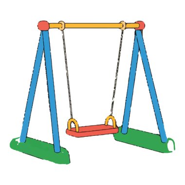 Salıncak resimli renkli bir karikatür çizimi. Çocuk parkı ya da arka bahçe için mükemmel. Dışarıda geçirilen eğlence, oyun ve tasasız günlerin çocukluk anılarını anımsatıyor..