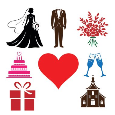 Düğün temalı ikonlar koleksiyonu, gelin, damat, pasta ve kalp dahil, davetiyeler, dekorasyonlar ve diğer düğün malzemeleri tasarlamak için mükemmel..