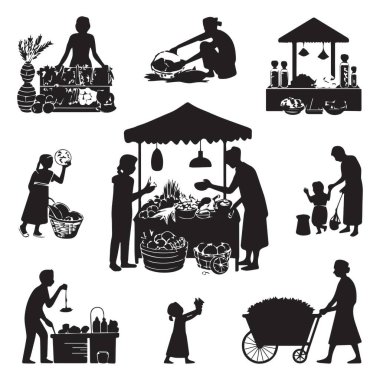 Bu vektör resmi hareketli bir pazar sahnesini tasvir ediyor. Satıcılar ve müşterilerin siluetli figürleri ticaret yapıyor, gıda alıp satıyor ve tezgahlarda üretiyorlar..