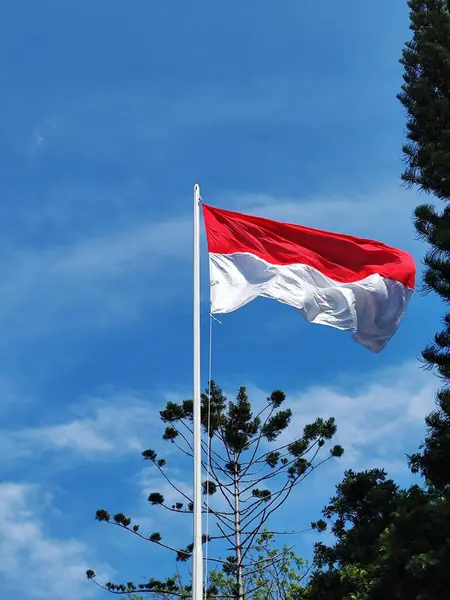 Endonezya bayrağı rüzgar tarafından dalgalanan bir direkte dalgalanıyor mavi gökyüzü ve bulutların arka planına karşı.