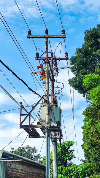 Orta gerilim dağıtım elektrik direklerinin transformatörlerle ve karmaşık elektrik kablolarıyla çekilmiş fotoğrafı. Düşük bir açıyla çekilmiş, parlak mavi gökyüzü ve yeşil ağaçlardan oluşan bir zemin. potrait 