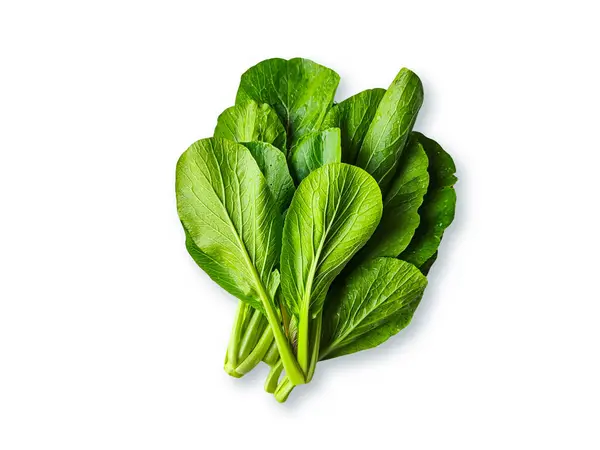 Beyaz zemin üzerinde taze yeşil hardal yeşillikleri (Caisim, Sawi Hijau) izole.