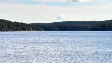 Huzurlu suların, canlı ormanların ve çarpıcı mavi gökyüzünün yer aldığı nefes kesici güzellikte bir göl manzarası.