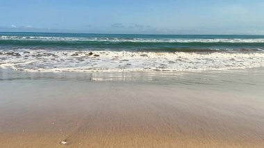 Resimli ve sakin bir sahil sahnesi kumlu kıyılara ritmik bir şekilde çarpan hafif dalgalar sergiliyor.