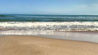 Huzurlu ve sakin bir sahil sahnesi berrak mavi gökyüzünün altında yumuşak, sıcak kum ve nazik okyanus dalgalarını sergiliyor.