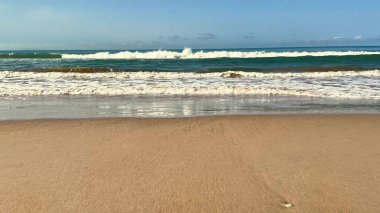 Yumuşak, rahatlatıcı dalgalar yukarıdaki açık mavi gökyüzünün altındaki kumlu kıyıya hafifçe çarpıyor.