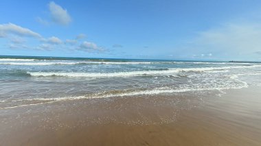 Resimli ve sakin bir sahil sahnesi, parlak mavi gökyüzünün altında süzülen nazik dalgaları sergiliyor.