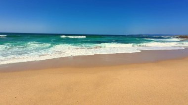 Canlı gök mavisi dalgaları, yumuşak altın kum ve açık mavi gökyüzü ile tropikal bir sahil cenneti yaşayın.