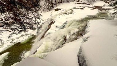 Donmuş ve karlı şelale ve kış ormanı. Yukarıdan bak. Yüksek kalite 4k görüntü