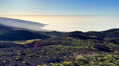 Volkanik bir manzaranın çarpıcı görüntüsü. Kabarık bulutlar ve çevresini çevreleyen canlı, gür yeşillik.