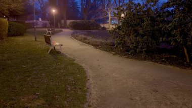 Alacakaranlık saatlerinde sokak lambalarıyla aydınlatılan, yemyeşil bir yol..