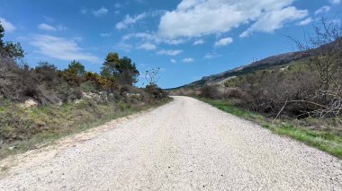 Bereketli yeşil ve mavi gökyüzünde dolambaçlı sakin bir çakıl yolu, açık hava maceraları için mükemmel..