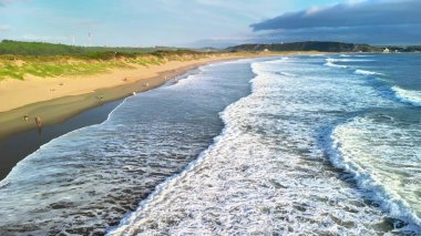 Zarif dalgaların altın kumu yalayıp yuttuğu ve gerçekten sakin bir atmosfer oluşturduğu çarpıcı ve güzel bir sahil sahnesi.