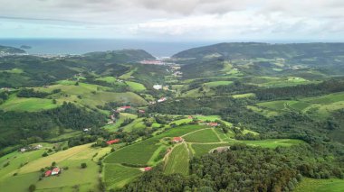 Çarpıcı hava manzarası, bulutlu bir gökyüzünün altında dingin okyanusla buluşan canlı yeşil alanlar sergiliyor.