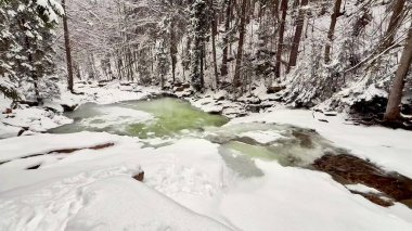 Karlı bir ormanda şelalesi olan donmuş dağ nehri. Yüksek kalite 4k görüntü
