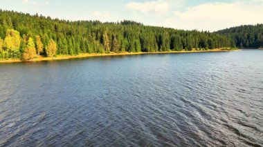 Canlı yeşilliklerle süslenmiş, suyun yüzeyine güzel yansıyan pitoresk bir göl.