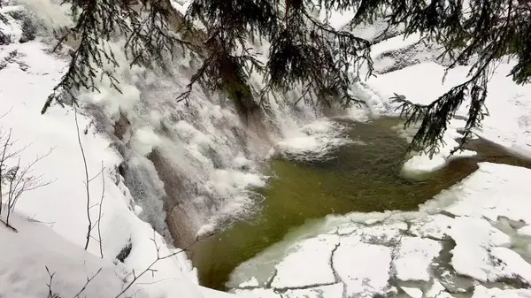 Karlı ve donmuş orman şelalesi. Yukarıdan bak. Yüksek kalite 4k görüntü