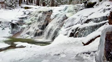Donmuş ve karlı şelale ve kış ormanı. Yakınlaştır. Yüksek kalite 4k görüntü