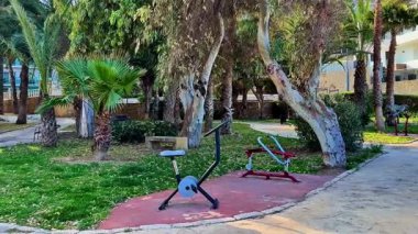 Açık hava sporları için tasarlanmış yemyeşil, güneşli bir parka çeşitli fitness ekipmanları yerleştirildi.