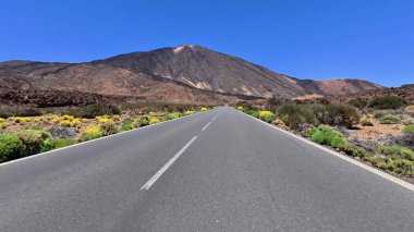 Parlak bir bitki örtüsüyle çevrili, berrak mavi gökyüzünün altındaki görkemli bir dağa uzanan pitoresk bir yol..