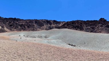 Eşsiz bir çöl manzarasının nefes kesici görüntüsü canlı mavi bir gökyüzü altında, çeşitli toprak renkleri sergiliyor..