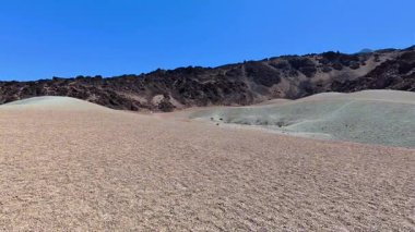 Uçsuz bucaksız bir çöl manzarası çeşitli arazileri ve renkli jeolojik oluşumları vurgular.