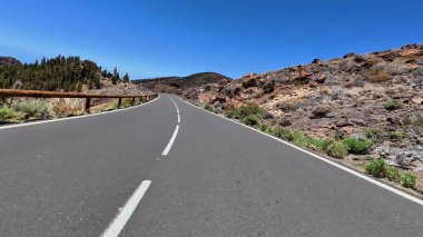 Güzel, dolambaçlı bir yol yılanı kayalık arazide ve yemyeşil çam ağaçlarında, hepsi berrak mavi bir gökyüzünün altında
