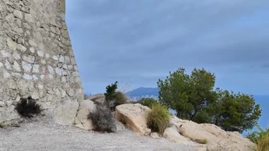 Heybetli bir taş kuleyi gösteren çarpıcı bir sahil manzarası. Etrafı kayalık arazi ve canlı yeşilliklerle çevrili.