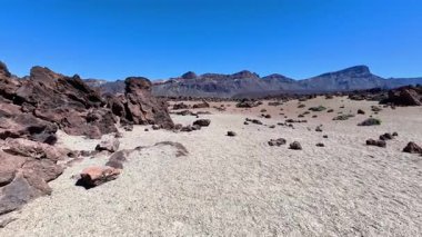 Açık mavi gökyüzünün altında, ufka uzanan eşsiz kaya oluşumlarıyla çarpıcı bir çöl manzarası.