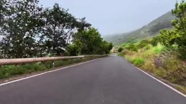 Güzel, manzaralı bir yol yemyeşil bir alanda zarifçe dönüyor, arkasında nefes kesen sisli dağlar var.