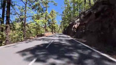 Çarpıcı bir şekilde güzel, dolambaçlı bir yol, canlı yeşil ağaçlar, ve engebeli, kayalık araziler.