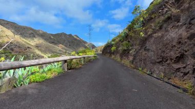 Kayalık tepeler ve canlı çiçeklerle çevrili dolambaçlı bir yolun nefes kesici ve çarpıcı manzarası.