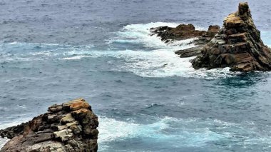 Dalgaların taşlara çarptığı kayalık kıyı şeridinin pitoresk bir görüntüsü, canlı güzellikleri gözler önüne seriyor.