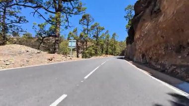 Heybetli dağların arasından zarif manzaralı bir yol esiyor, yüksek çam ağaçları ve kayalık uçurumlarla çevrili.