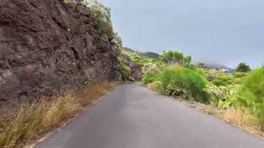 Yeşillik bitki örtüsü ve dramatik kaya oluşumlarıyla çevrili büyüleyici bir yol manzarası. Keşif için ideal..