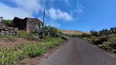Kırsal taştan evler ve renkli bitkilerle süslenmiş manzaralı güzel bir manzara manzarası.