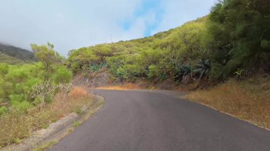 Çevresi canlı yeşilliklerle ve engebeli manzaralarla çevrili güzel, dolambaçlı bir yolun büyüleyici ve çarpıcı manzarası.