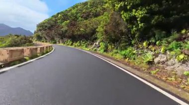 Güzel ve dolambaçlı bir yol çevreleyen canlı yeşil ve görkemli dağlar manzaralı bir ortamda.