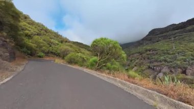 Güzel, dolambaçlı bir yol, bereketli bitki örtüsü ve büyüleyici bulutlar tarafından çerçevelenmiş, pitoresk dağların arasında dolanıyor.