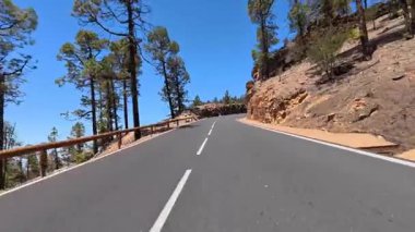 Çevresindeki yemyeşil çam ağaçlarıyla çevrili dolambaçlı bir dağ yolunun şaşırtıcı derecede güzel panoramik manzarası.