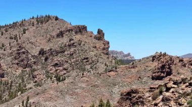 Nefes kesen dağ manzarası engebeli arazi ve gür çam ağaçları sergiliyor güzel, berrak mavi bir gökyüzünün altında.