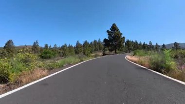 Etrafı canlı yeşilliklerle ve parlak mavi gökyüzüyle çevrili dolambaçlı bir yolun çarpıcı güzelliğini tecrübe edin.