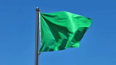 Canlı yeşil bir bayrak, açık mavi bir gökyüzü altında, herkes için barış ve refahı simgeleyen zarif ve neşeli bir şekilde dalgalanıyor.