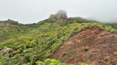 Sisli ve görkemli zirvelerin yanında canlı yeşillikler gösteren nefes kesici ve çarpıcı bir dağ manzarası.