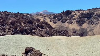 Berrak mavi gökyüzünün altında kayalık oluşumların ve kumlu kumulların bulunduğu çarpıcı volkanik araziyi keşfedin..