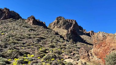 Göz kamaştırıcı ve nefes kesici bir manzara berrak mavi gökyüzüne karşı canlı bitki örtüsüyle süslenmiş görkemli kayalık dağlar.