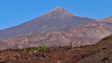 Görkemli bir volkanın çarpıcı manzarası büyüleyici lav arazisi ve seyrek yeşillikle çevrilidir.