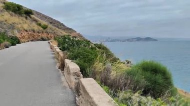 Doğal bitki örtüsü ve kayalık tepelerle çevrili çarpıcı okyanus manzaraları sunan güzel manzaralı bir sahil yolu.